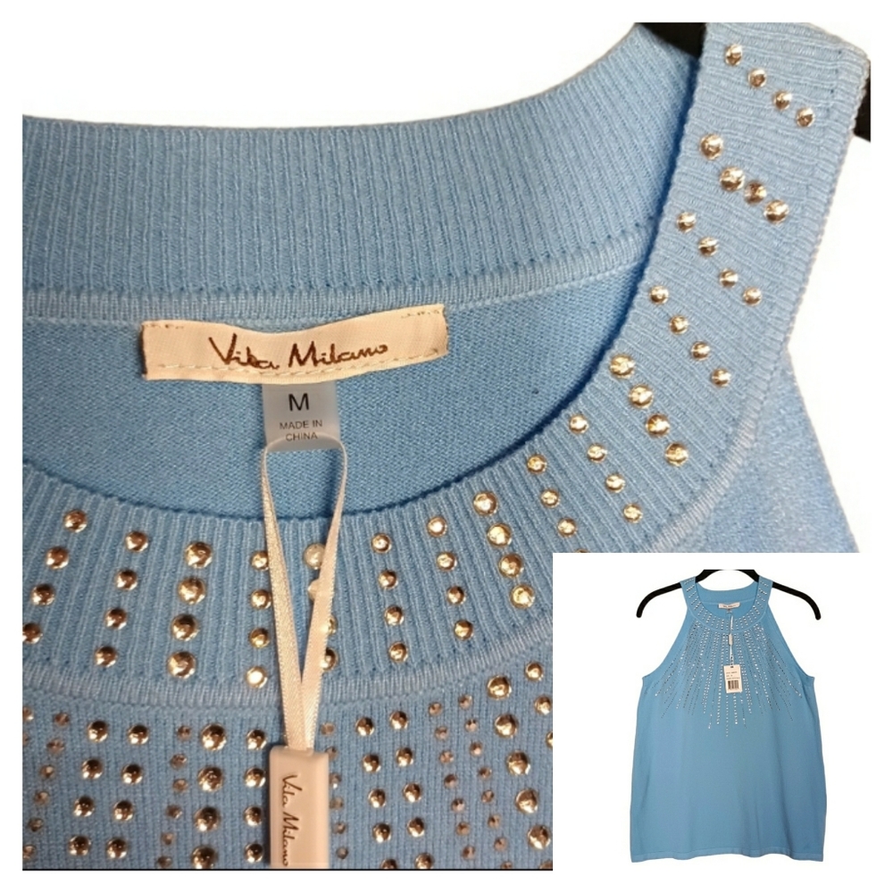 VILA MILANO DUTCH BLUE WITH SILVER RHINESTONE SLEEVELESS STRETCHY TOP MEDIUM NWT